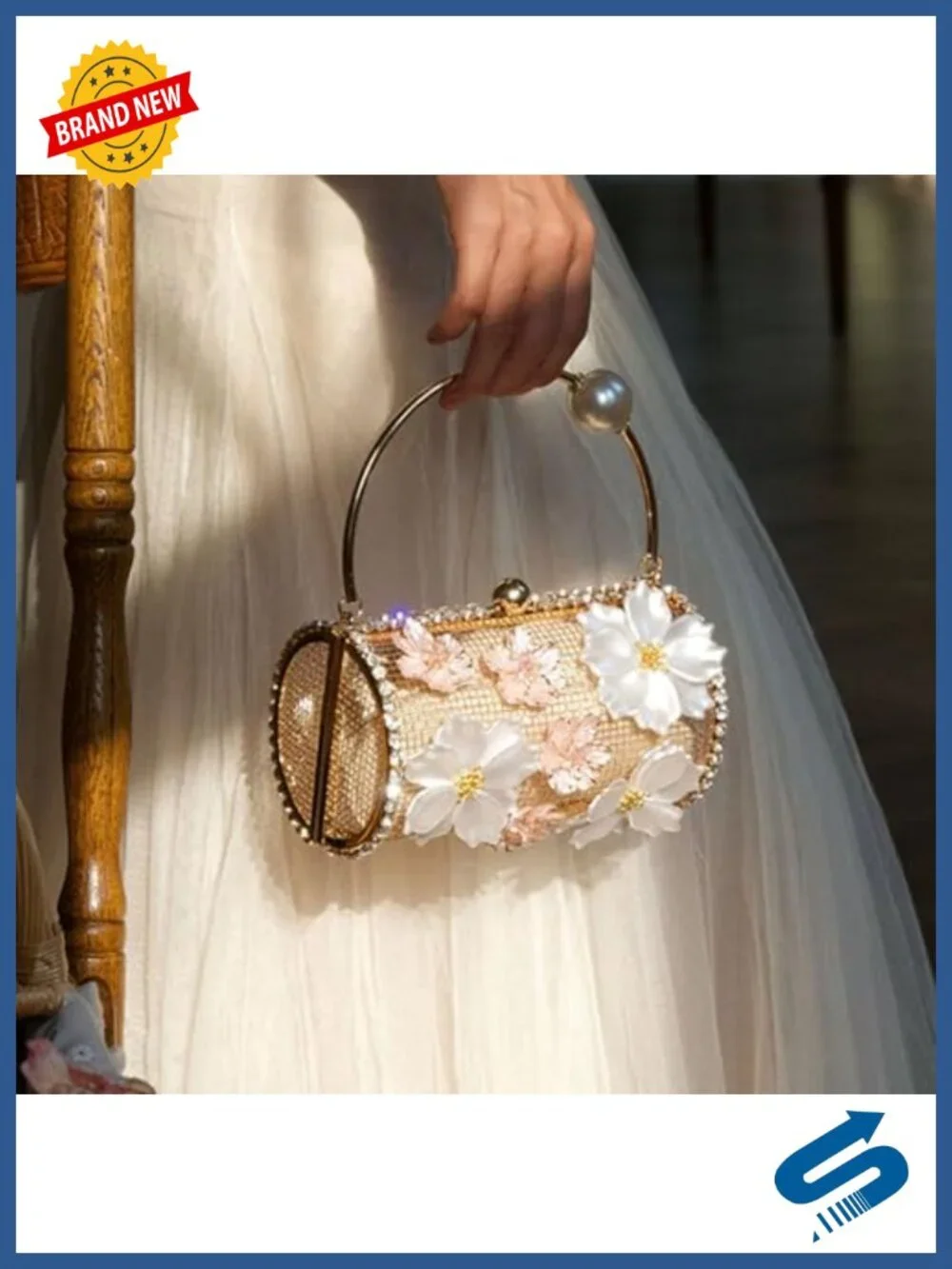 Acrylic Mesh Rhinestone Evening Bag Clutch with Pearl Handle